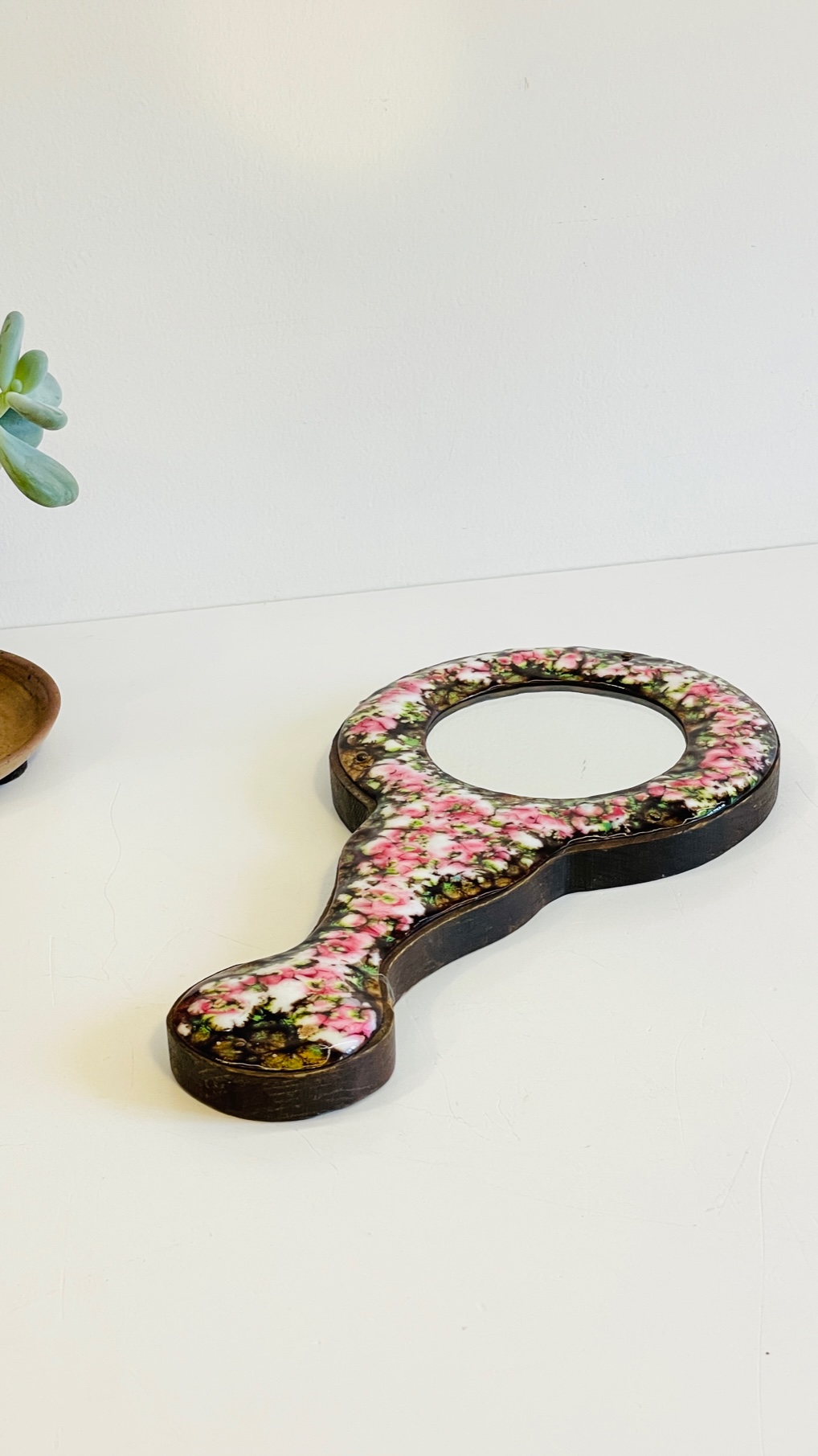 Miroir à main Art déco vintage Rose Verre